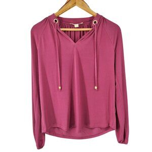 Michael Michael Kors Berry Long-Sleeve Top With‎ Grommet Rhinestone Tie Neckline